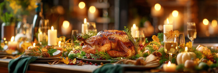 Golden-brown turkey is the centerpiece on a festive table, surrounded by candles, pumpkins, and vibrant autumn leaves. A warm, inviting atmosphere perfect for Thanksgiving, banner