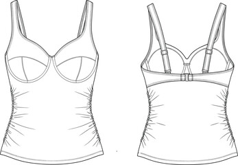 Women’s camisole fashion illustration, technical flat sketch, underwire cup design, adjustable straps, side ruching, front and back view, lingerie apparel template