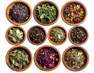 Top-Down View of Wooden owls Filled with Mixed Dried Herbs, Isolated