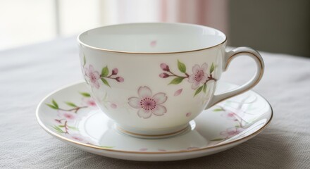 Fototapeta premium Floral Ceramic Teacup Saucer Set Spring Blossom Design - A beautiful close-up of a floral teacup and saucer set, symbolizing elegance, spring, freshness, relaxation, and design