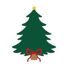 Traditional Minimal Christmas Tree with Red Bow and Bell Illustration, Classic Holiday Design for Print, Greeting Cards, and Apparel
