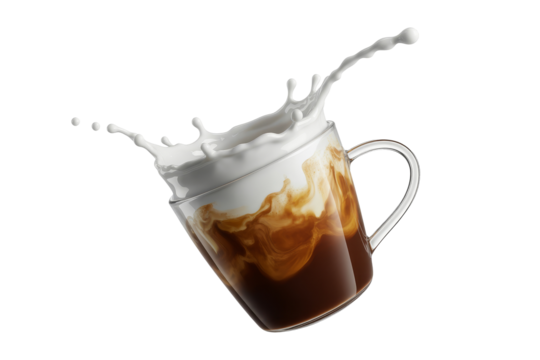 Coffee with milk splash captured mid air in a dynamic scene of movement