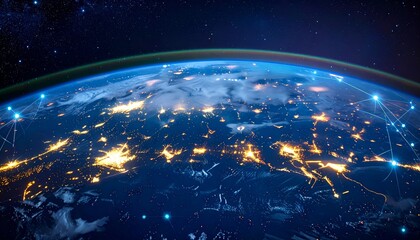 Earth from space at night, showing city lights connected by a network of glowing lines, representing global communication and connectivity.