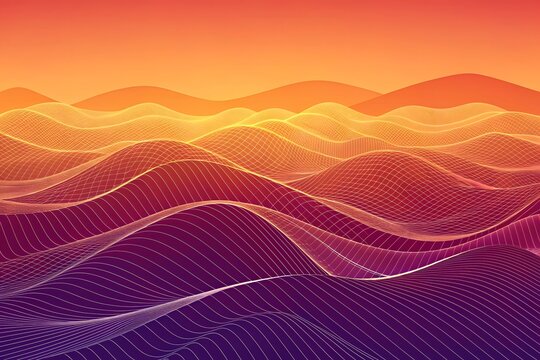 Abstract digital landscape with wireframe hills and gradient sky