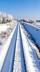 Obraz premium Perspective view of railroad tracks leading through a snow-covered landscape