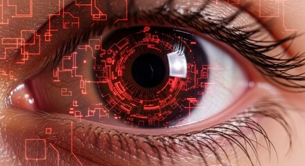 Cybernetic Eye With Circuitry - Macro view of a human eye with circuits overlaid. Concept of technology, data, and future vision