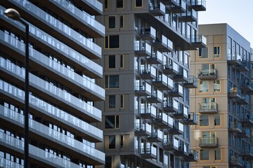 Modern, geometric glass and steel high-rise apartment buildings with balconies overlooking a vibrant cityscape. © paws and prints