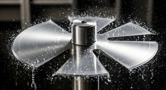 Metal impeller sprays liquid while spinning in darkness.