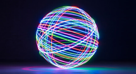 Bright neon strands form a glowing spherical shape on a dark background.