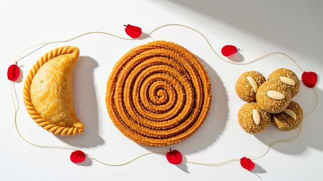 An assortment of three traditional golden fried snacks and sweet balls, adorned with red petals and a wavy thread on white