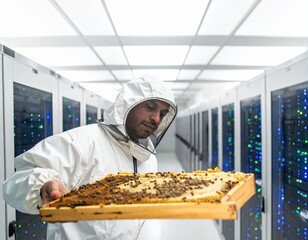 Beekeeper and Beehive Inspection: An observant beekeeper, clad in protective gear, carefully examines a frame of honeycomb, symbolizing the vital intersection of nature and technology. 