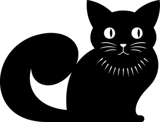 Charming silhouette of a fluffy black cat sitting with a curled tail and wide eyes