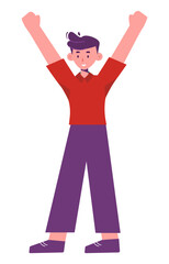 Fototapeta premium Cartoon-style young man in red shirt joyfully raising his arms, expressing excitement and happiness.
