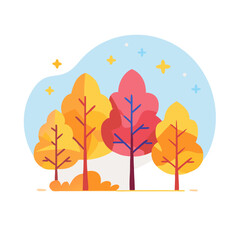 Colorful autumn trees in a whimsical illustration, showcasing vibrant foliage with shades of orange, yellow, and pink against a soft blue background, creating a cheerful seasonal atmosphere