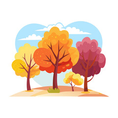 Colorful autumn trees with vibrant leaves in shades of orange, yellow, and red, set against a soft blue sky with fluffy clouds, creating a serene nature scene
