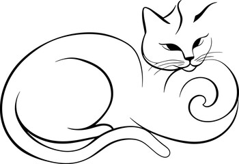 Artistic sketch of a sleeping cat curled up with decorative swirls on a plain background.