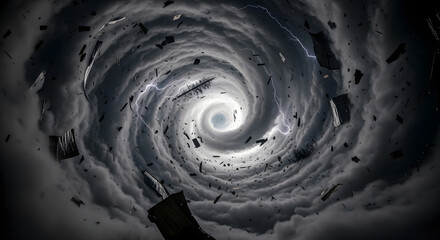 Debris swirls violently within a dark, stormy vortex with lightning strikes.