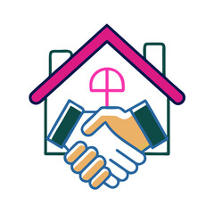Hands shaking in front of a stylized house icon, symbolizing partnership and collaboration in real estate, emphasizing trust and community engagement in housing market