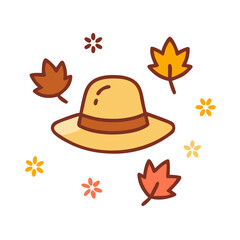 Yellow sun hat surrounded by colorful autumn leaves and flowers, creating a vibrant seasonal atmosphere, perfect for fall-themed designs and illustrations
