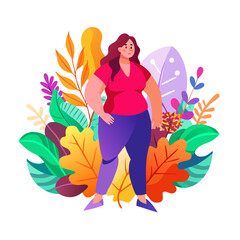 Illustration of a confident woman with long hair, wearing a red shirt and purple pants, standing amidst vibrant foliage and colorful leaves, embodying empowerment and nature