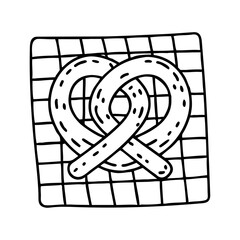 Hand-drawn illustration of a pretzel on a checkered background, showcasing the unique shape and texture, perfect for food-related designs and culinary themes