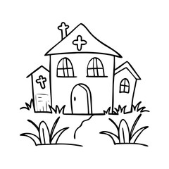 Illustration of a whimsical church with a large main building and smaller structures, surrounded by grass and plants, conveying a charming and inviting atmosphere