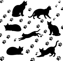 Collection of black cat silhouettes and paw prints dynamic poses outdoor scene