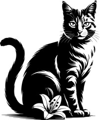 Artistic black cat sitting gracefully beside a delicate flower artistic rendering realistic style