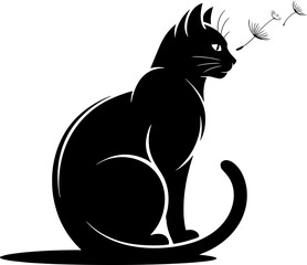 Mysterious black cat silhouette sitting gracefully with delicate butterflies fluttering around its face