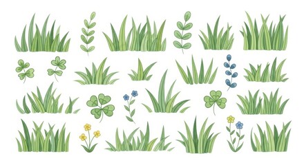Fototapeta premium Watercolor Grass and Plant Elements - A collection of watercolor grass and plant elements, perfect for design projects.