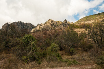  "Valley of ghosts" at sunny day, - view from down . mountain Demerjy, Crimea, Russia