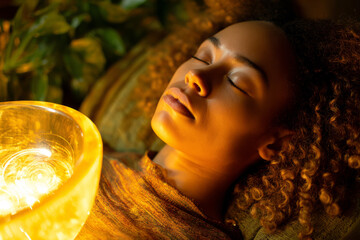 A person experiences sound therapy with a brass bowl in a peaceful environment, promoting relaxation and mindfulness. The tranquil indoor setting enhances the calming experience