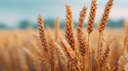 Fototapeta premium Golden wheat field with beautiful sky background capturing agricultural splendor