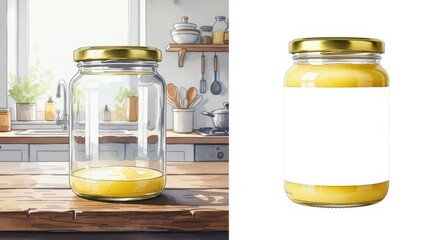 Ghee Jar Mock up on Kitchen Counter - A glass jar of ghee with a blank label displayed on a kitchen counter, representing purity, food, product, and branding.