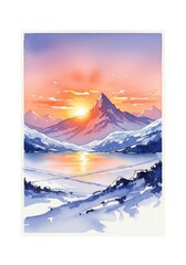 Naklejka premium Majestic Mountain Sunset Watercolor Painting - A stunning watercolor painting captures a mountain range at sunset with a lake reflecting the vibrant colors.