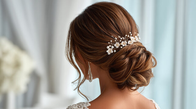 Back view of an elegant bride positioned on the right side of the frame, showcasing a stylish hair bun adorned with delicate flower decorations and pearls
