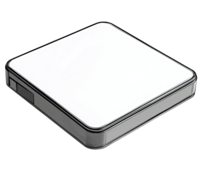 Square white device with clear plastic casing.  Compact, rectangular, and glossy