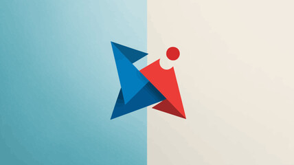 Modern abstract geometric icon with blue arrow shape and red human figure symbol on a split colored background