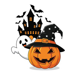 Happy halloween pumpkin ghost haunted house and bats festive design vector