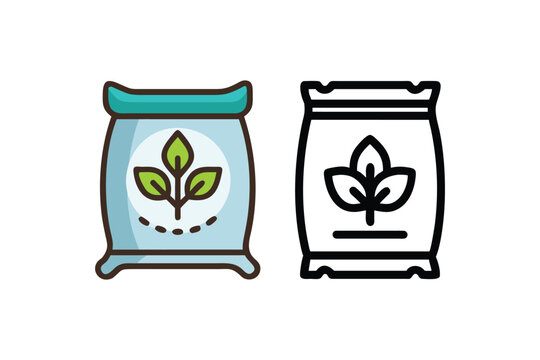 Colorful and outlined fertilizer bag icons with a leaf design shown