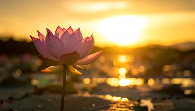 A pink lotus flower gracefully reaching toward a setting sun's warm glow. The blurred background hints at a body of water