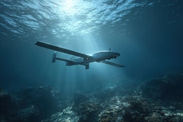 An underwater drone exploring the depths of the ocean, showcasing technological innovation. The drone hovers near coral formations, with sunlight filtering through the water