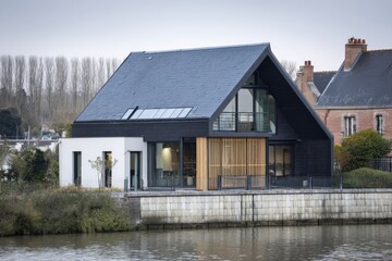 Modern house with sleek design located by a calm river in a tranquil neighborhood, showcasing stylish architecture and natural surroundings during a cloudy day