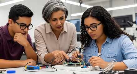 Experienced educator guides diverse students through complex electronics project demonstrating STEM learning and hands on innovation