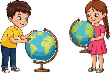 Cartoon children exploring globes, learning geography, global awareness, educational curiosity, Earth map, school kids studying world, vector illustration concept