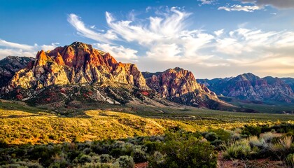 A scenic mountain vista, bathed in the warm glow of sunset, with textured rock faces and a valley of varied vegetation under a cloudy sky