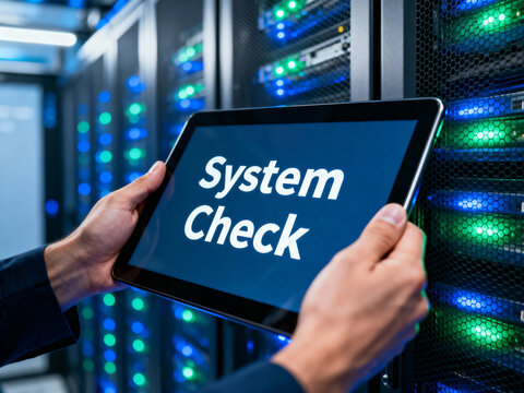 Hands holding a tablet displaying "System Check" in a data center illuminated by blue and green server lights, showing IT maintenance.