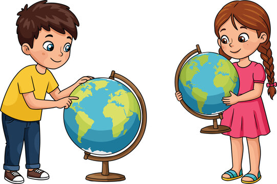 Cartoon children exploring globes, learning geography, global awareness, educational curiosity, Earth map, school kids studying world, vector illustration concept - Powered by Adobe