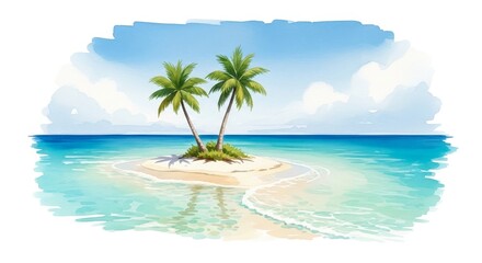 Fototapeta premium Tranquil Island Paradise: Two Palm Trees on a Sandy Isle - A serene tropical beach scene featuring a sandbar with two palm trees. Symbolizes peace, escape, relaxation, and natural beauty.