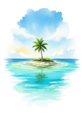 Obraz premium Tropical Island Palm Tree Watercolor Painting - Watercolor painting of a tropical island with a palm tree, clear water, and blue sky. A tranquil and serene scene.
